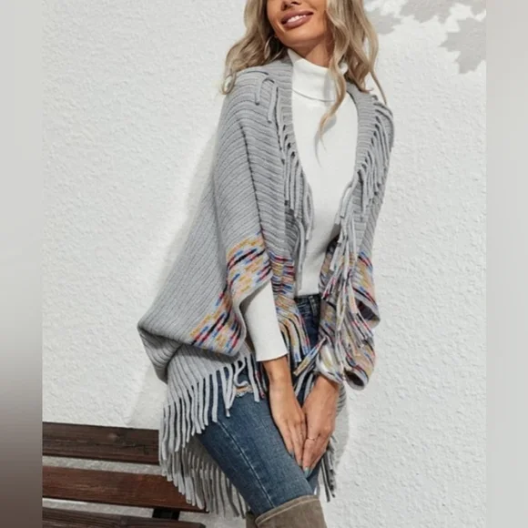 Gray Fringe-Accent Open Cardigan Fits Range Jrs (S) to Wom (6) NWT - Picture 3 of 6